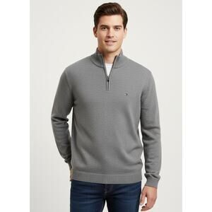 Tommy Hilfiger Sweater Mens Large Gray Cotton Quarter Zip Mock Neck Pullover